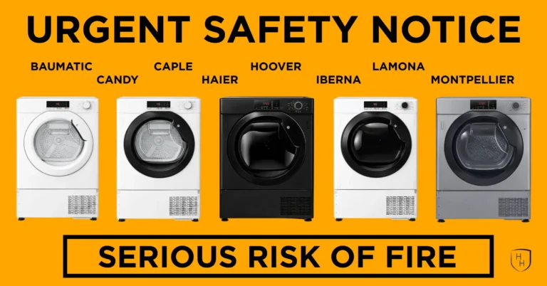 Urgent safety notice for tumble dryer fire risk recall affecting Baumatic, Candy, Caple, Haier, Hoover, Iberna, Lamona, and Montpellier brands"