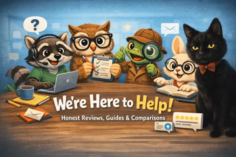 Contact Us An anthropomorphic team of cute animal 'experts' (a raccoon with a headset, an owl with a checklist, and a turtle with a magnifying glass) working collaboratively around a desk, illustrating their helpful nature and waiting for people to contact them. The text below reads, 'We're Here to Help! Honest Reviews, Guides, Comparisons, Safety Notices & Recall Alerts'.